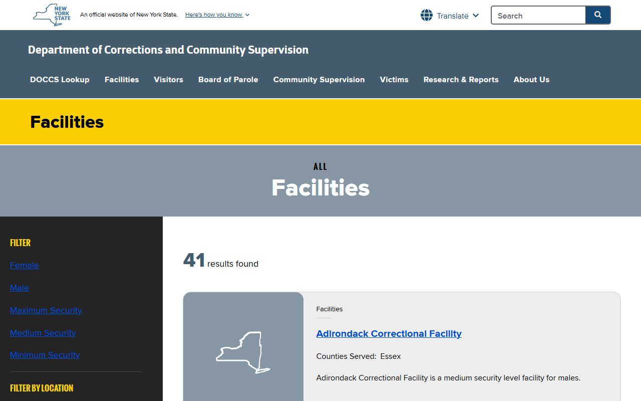 Wayne County inmate population state prison lookup through DOCCS facility list