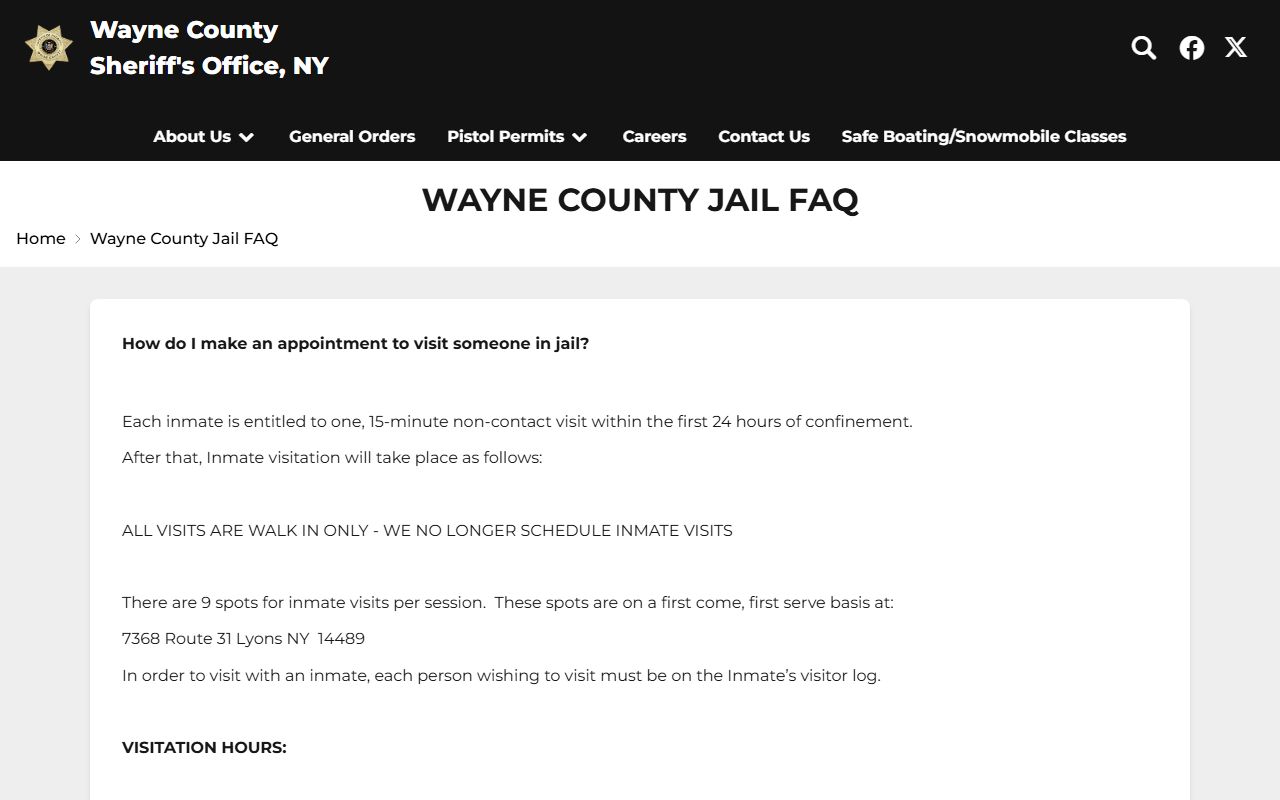 Wayne County Sheriff's Office jail FAQ showing visitation, phone, commissary, bail, and jail contact information
