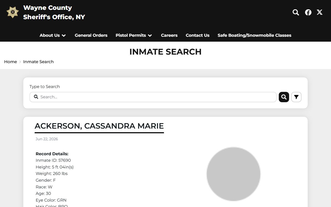 Official Wayne County inmate search page with search field, inmate cards, mugshots, View Charges links, and VINELink links